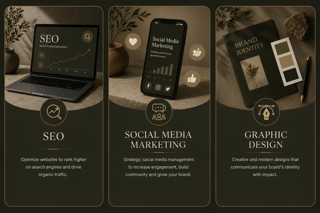 Digital marketing agency services including search engine optimization, social media management, and creative graphic design.